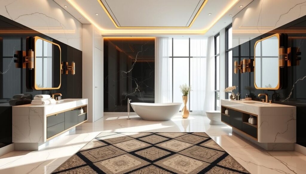 A luxurious bathroom design with a stunning black, white, and gold color palette. Sleek, modern fixtures and fittings, including a large, freestanding bathtub in the center of the room. Elegant marble vanity tops, complemented by gold-framed mirrors and sconces. Plush, white towels and a stylish, geometric area rug in the foreground. Indirect lighting creates a warm, inviting atmosphere, while large windows allow natural light to pour in, illuminating the space. The overall aesthetic is one of sophistication and refinement, befitting an art gallery or high-end hotel suite.