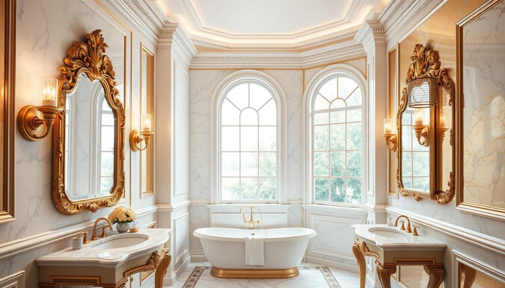 A luxurious bathroom interior with gold and white wall treatments. Ornate gold-framed mirrors and gold-accented sconces illuminate the space, casting a warm glow. The walls feature a combination of elegant white marble tiles and shimmering gold-leaf panels, creating a visually striking and opulent ambiance. Intricate molding and trim work add depth and visual interest, while a large statement window floods the room with natural light. The overall atmosphere exudes sophistication, beauty, and a touch of glamour, perfectly capturing the essence of the "Wall Treatments to Consider" section.