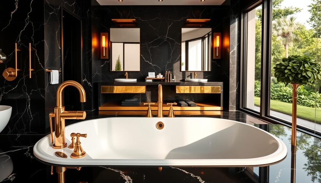 A luxurious bathroom showcase with intricate gold-toned fixtures and shimmering black marble surfaces. In the foreground, a sleek freestanding bathtub reflects the warm lighting, surrounded by polished chrome taps and minimalist accessories. In the middle ground, a wall-mounted vanity unit with dual sinks is accented by elegant black and gold hardware. The background features a large window overlooking a serene garden, casting a soft natural light across the space. The overall atmosphere is one of sophistication and indulgence, perfectly capturing the essence of high-end bathroom design.