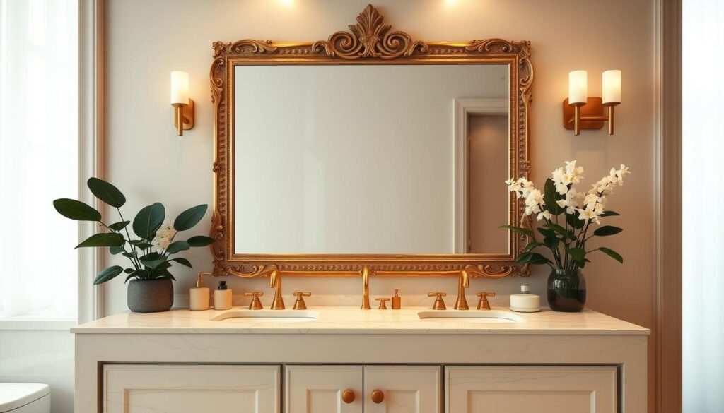 A luxurious bathroom vanity set against a serene, spa-like backdrop. The vanity features a sleek, marble countertop with gold-accented fixtures, elegantly framed by a large, ornate mirror. Soft, indirect lighting creates a warm, relaxing ambiance, while lush greenery and neutral-toned accessories add a touch of natural tranquility. The composition is captured from a slightly elevated angle, highlighting the luxurious details and creating a sense of refinement and sophistication. The overall scene exudes a calming, inviting atmosphere, perfect for a self-care sanctuary.