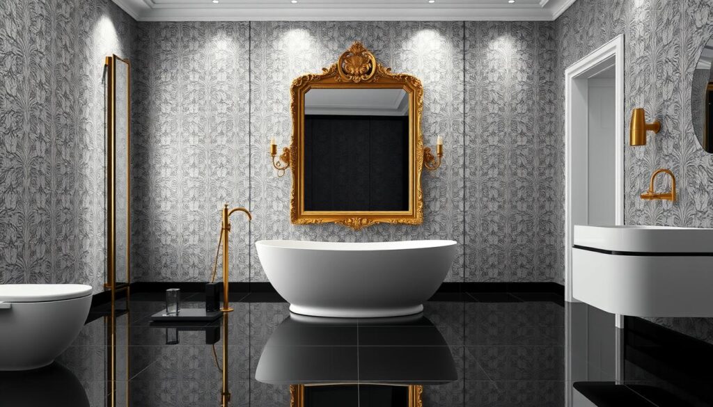 A luxurious bathroom with a stunning black, white, and gold color palette. The focal point is a sleek, freestanding bathtub positioned in front of a large, ornate mirror with a gold frame. The walls are adorned with intricate, textured wallpaper in a subtle geometric pattern, creating a sense of elegance and sophistication. Soft, diffused lighting emanates from recessed fixtures, casting a warm, ambient glow throughout the space. The floor is covered in large, glossy black tiles, reflecting the meticulously designed room. Minimal, modern fixtures and hardware in a brushed gold finish complement the overall aesthetic, exuding a refined and sophisticated atmosphere.