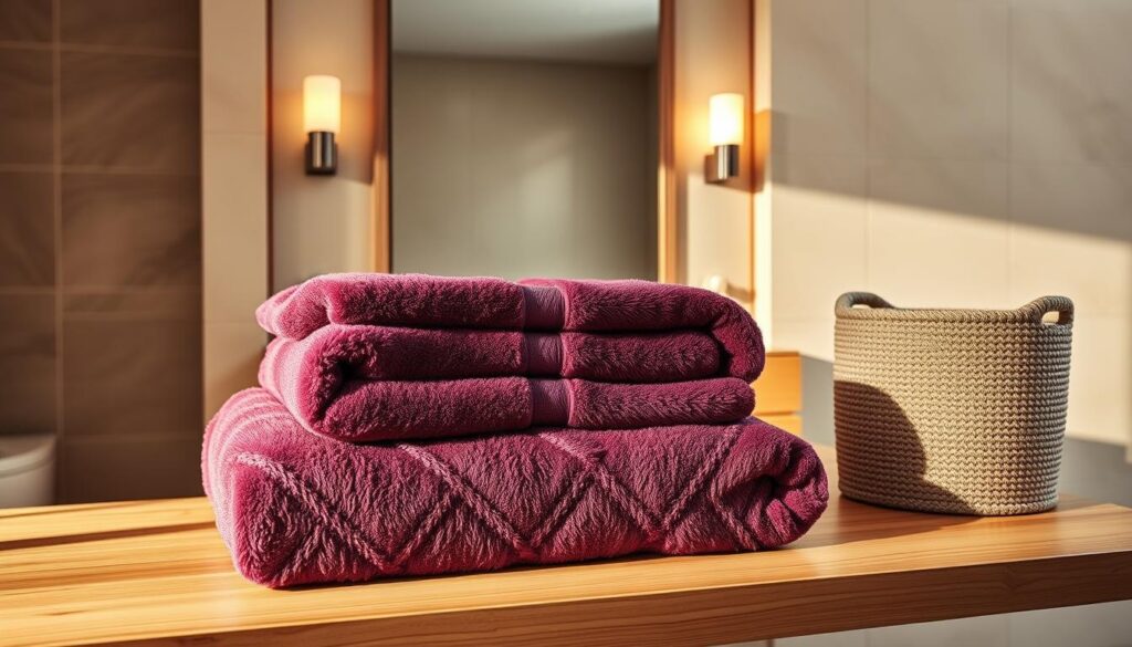 A luxurious bathroom with plush towels and fabric bins. The scene is bathed in warm, soft lighting, creating an inviting and serene atmosphere. In the foreground, a set of fluffy, oversized towels in a rich, jewel-toned color sits neatly folded on a wooden countertop. Complementing the towels, two woven fabric bins in complementary hues flank the countertop, offering ample storage and texture. The middle ground features a sleek, modern vanity with a large mirror, framed by sconce lighting that casts a gentle glow. The background showcases elegant tile work in a soothing neutral palette, enhancing the overall sense of luxury and sophistication. The composition emphasizes the importance of layering fabrics and textures to create a visually appealing and comfortable bathroom environment.