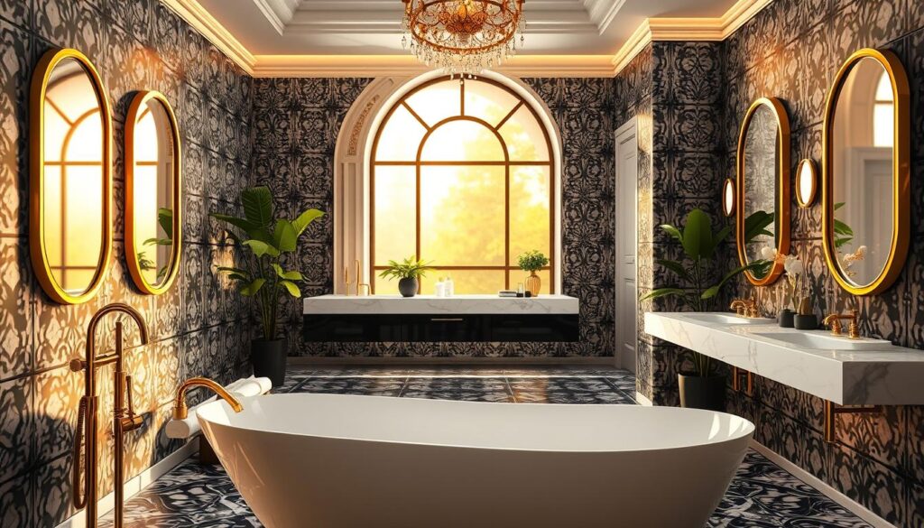 A luxurious black, white, and gold bathroom interior, bathed in warm, golden lighting. In the foreground, a sleek, freestanding bathtub with a gleaming gold-toned faucet and fixtures. The walls are adorned with intricate, geometric-patterned tiles in a monochromatic palette, creating a visually striking contrast. In the middle ground, a floating vanity with a white marble countertop and gold-framed mirrors. The background features a large, arched window that lets in natural light, casting a soft, ethereal glow over the space. Lush, green potted plants add a touch of organic elegance, complementing the opulent, sophisticated atmosphere.