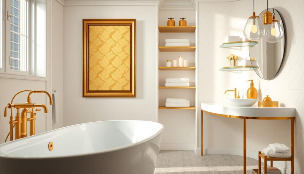 A luxurious gold and white bathroom decor, bathed in warm, soft lighting. The foreground features a freestanding tub with a sleek, minimalist design, accented by delicate gold fixtures. The middle ground showcases a large, framed mirror with a captivating gold leaf pattern, reflecting the scene. The background displays white subway tiles in a chevron pattern, complemented by gold-trimmed shelves housing plush towels and decorative accents. The overall atmosphere is one of refined elegance, creating a serene and inviting space for relaxation.