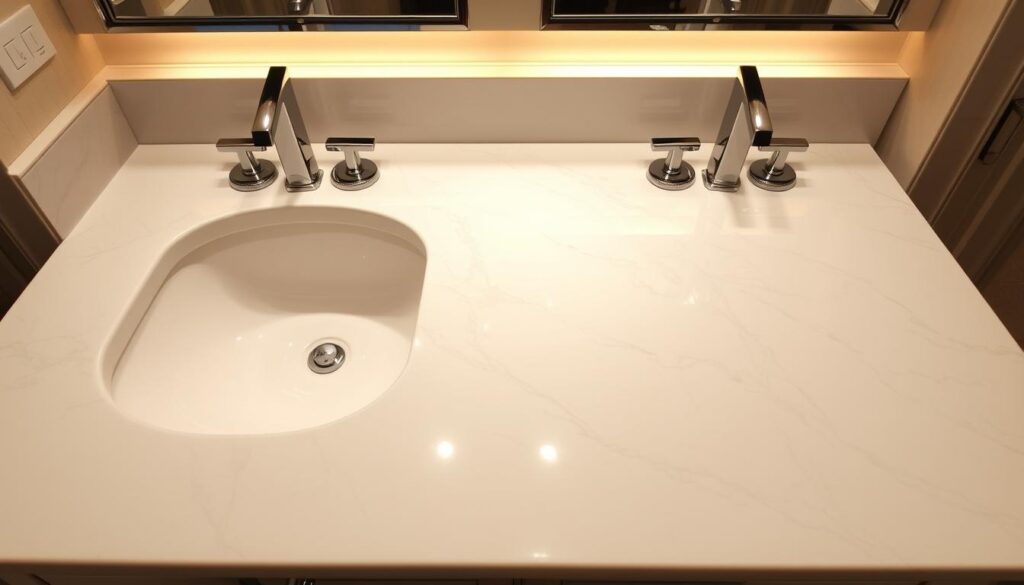 A luxurious marble bathroom vanity countertop, gleaming under the soft, warm illumination of recessed lighting. The smooth, cool surface of the polished Calacatta marble radiates an air of sophistication, with subtle veining adding depth and character. Reflecting the polished chrome faucets and hardware, the countertop creates a harmonious, high-end atmosphere, perfect for an elegant master bathroom. The thoughtful lighting casts gentle shadows, accentuating the depth and texture of the premium material. This opulent, yet serene scene captures the essence of luxurious bathroom design.