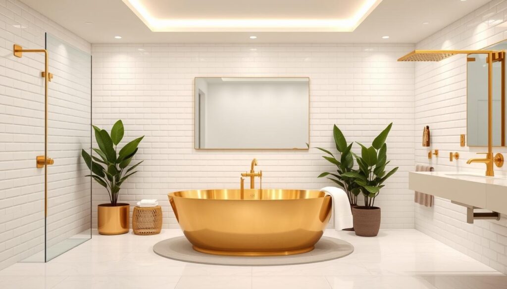 A luxurious modern bathroom with a minimalist, elegant design. The focal point is a large, freestanding gold bathtub set against a backdrop of pristine white subway tiles. Soft, diffused lighting from recessed ceiling fixtures and a sleek, gilded vanity mirror creates a warm, serene ambiance. The bathroom features contemporary fixtures in gleaming gold, including a modern double sink and a rainfall shower head. Lush potted plants and plush white towels add organic touches to the space. The overall atmosphere is one of understated sophistication and relaxation, perfectly suited for a spa-like experience.