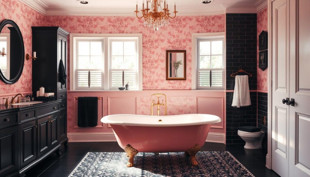 A luxurious pink and black bathroom, awash in soft, warm lighting. Elegant black vanity with gleaming brass fixtures, accented by delicate pink floral wallpaper. Plush black towels and a statement black-and-white patterned rug add depth and texture. Sleek black subway tiles line the walls, contrasting beautifully with a pink clawfoot tub in the foreground. Overhead, a crystal chandelier casts a romantic glow, while floor-to-ceiling windows allow natural light to filter in, creating a serene, spa-like ambiance.