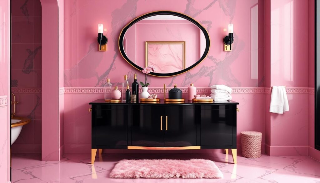 A luxurious pink and black bathroom with glossy tile floors and textured walls. A sleek black vanity with shiny gold accents stands in the foreground, topped with a large oval mirror that reflects the room's opulent decor. On the vanity, an assortment of chic glass bottles, ceramic vessels, and delicate gold-rimmed trays create a visually striking display. The plush pink bath mat and fluffy towels add a soft, inviting touch, while the black and gold wall sconces cast a warm, ambient glow throughout the space. The entire scene exudes a sense of sophistication and style, perfectly capturing the "Accessories that Pop" theme.