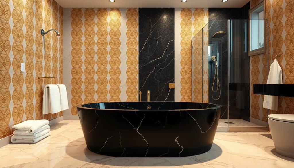 A luxurious, spacious bathroom with a large freestanding bathtub made of sleek black marble, situated in the center of the room. The walls are adorned with intricate gold-patterned tiles, creating a visually stunning backdrop. Soft, warm lighting illuminates the space, casting a cozy glow. A glass-enclosed shower enclosure with a rainfall showerhead stands to the side, complementing the overall design. Plush white towels and high-end brass fixtures complete the sophisticated aesthetic. The room is designed to evoke a sense of relaxation and indulgence, perfect for the "Shower and Bathtub Enhancements" section.