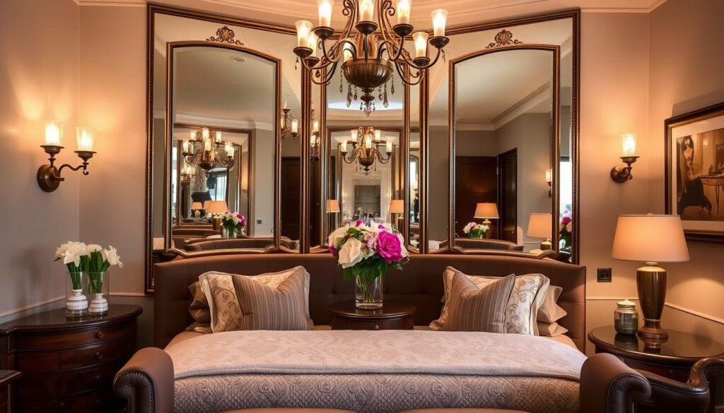 A luxurious, stylish guest room with a focal point of large, ornate mirrors that create an illusion of depth and space. Soft, warm lighting from sconces and a decorative chandelier bathes the room in a cozy, inviting glow. Plush, textured bedding and accent pillows in neutral tones complement the rich wood tones of the furniture. Vases of fresh flowers and elegant artwork on the walls add finishing touches to this visually stunning, serene retreat. A luxurious, stylish guest room with a focal point of large, ornate mirrors that create an illusion of depth and space. Soft, warm lighting from sconces and a decorative chandelier bathes the room in a cozy, inviting glow. Plush, textured bedding and accent pillows in neutral tones complement the rich wood tones of the furniture. Vases of fresh flowers and elegant artwork on the walls add finishing touches to this visually stunning, serene retreat.