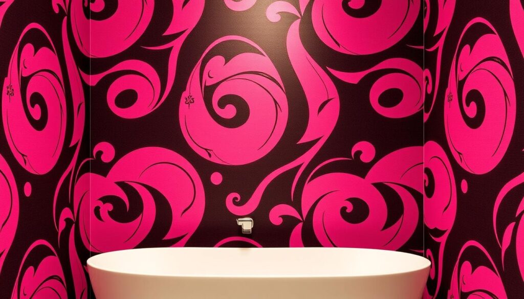 A meticulously detailed wallpaper pattern featuring bold, vibrant swirls of pink and black, creating a striking, high-contrast visual. The wallpaper covers the entire bathroom walls, creating a dramatic, enveloping atmosphere. The lighting is soft and diffuse, casting a warm, inviting glow on the textured, matte surface. The overall composition is symmetrical and balanced, emphasizing the geometric pattern's dynamic energy. The wallpaper's bold, expressive design commands attention, establishing a strong, impactful visual statement that sets the tone for the "Bold Wall Treatments" section.