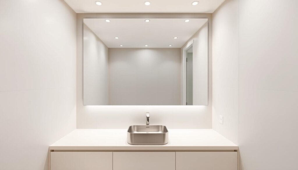 A minimalist bathroom with a sleek, modern aesthetic. The countertop features a simple, yet functional sink and faucet in a brushed metal finish, complemented by a large, frameless wall mirror that enhances the sense of space. The background is a soothing, neutral-toned tile wall that extends to the floor, creating a cohesive and calming atmosphere. Soft, diffused lighting from recessed ceiling fixtures gently illuminates the space, lending an air of tranquility. The overall design prioritizes clean lines, uncluttered surfaces, and a harmonious balance of form and function, resulting in a refined and serene bathroom oasis.