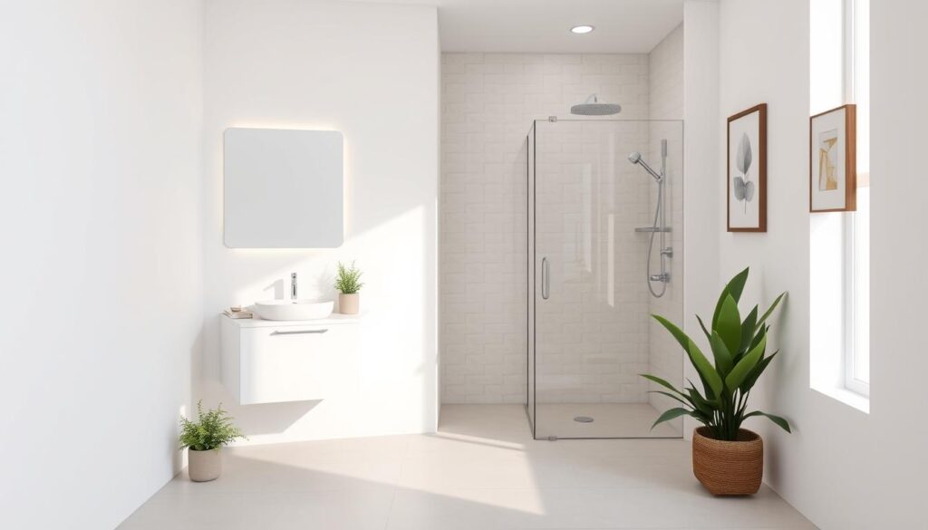 A minimalist bathroom with clean, contemporary lines. A sleek, white vanity with a single sink basin and a large, frameless mirror above. Subtle lighting fixtures cast a warm, diffused glow. The floor is covered in smooth, light-colored tiles, leading to a tiled shower enclosure with a frameless glass door. Potted greenery and a single, simple artwork on the wall add subtle pops of color. The overall atmosphere is serene, calming, and uncluttered, focusing on functional elegance and simplicity.