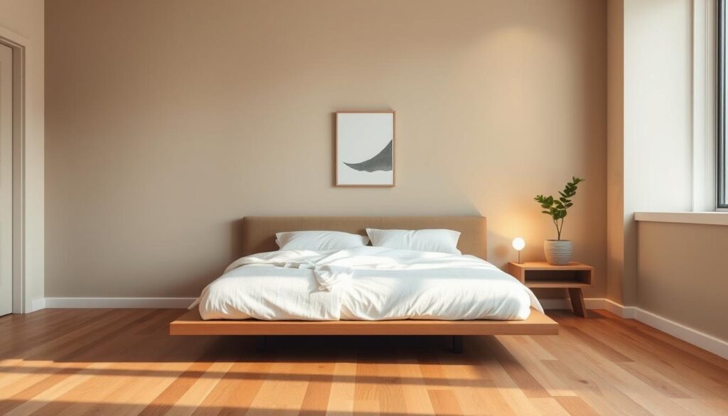 A minimalist bedroom with a clean, serene atmosphere. A low-profile bed with crisp white linens and subtle textural accents takes center stage. Soft, diffused lighting casts a warm glow, accentuating the natural wood tones of the flooring and a single, sleek nightstand. The walls are painted in a muted, earthy tone, creating a calming backdrop. A single piece of abstract wall art or a potted plant provides a simple, tasteful focal point. The room is uncluttered, with a sense of openness and tranquility, embodying the essence of minimalist design. A minimalist bedroom with a clean, serene atmosphere. A low-profile bed with crisp white linens and subtle textural accents takes center stage. Soft, diffused lighting casts a warm glow, accentuating the natural wood tones of the flooring and a single, sleek nightstand. The walls are painted in a muted, earthy tone, creating a calming backdrop. A single piece of abstract wall art or a potted plant provides a simple, tasteful focal point. The room is uncluttered, with a sense of openness and tranquility, embodying the essence of minimalist design.