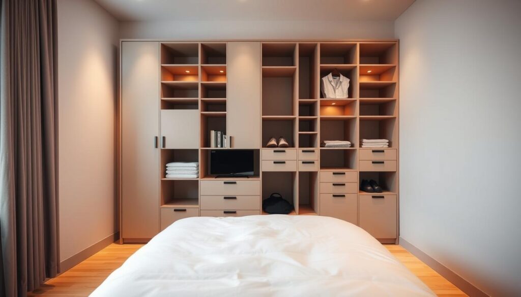 A minimalist bedroom with a compact, multi-functional storage unit dominating the foreground. The unit features open shelves, drawers, and hidden compartments, maximizing vertical space and providing ample storage for a small room. Soft, warm lighting casts a cozy glow, and the bedroom walls are painted in a muted, calming color palette. The layout is clean and uncluttered, showcasing clever design solutions that optimize the limited square footage. The angle captures the unit's sleek, modular design, emphasizing its ability to transform a cramped space into an organized, efficient sanctuary. A minimalist bedroom with a compact, multi-functional storage unit dominating the foreground. The unit features open shelves, drawers, and hidden compartments, maximizing vertical space and providing ample storage for a small room. Soft, warm lighting casts a cozy glow, and the bedroom walls are painted in a muted, calming color palette. The layout is clean and uncluttered, showcasing clever design solutions that optimize the limited square footage. The angle captures the unit's sleek, modular design, emphasizing its ability to transform a cramped space into an organized, efficient sanctuary.