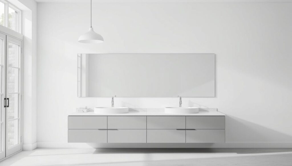 A minimalist double sink bathroom vanity in a well-lit, airy space. The vanity features clean, simple lines with a sleek, recessed basin design. Muted tones of white and gray create a serene, calming atmosphere. Overhead, a pair of modern pendant lights cast a soft, diffused glow, complementing the natural light streaming in through large windows. The vanity top is made of a smooth, unmarked material, allowing the focus to remain on the minimalist design. The overall effect is one of understated elegance and timeless style.