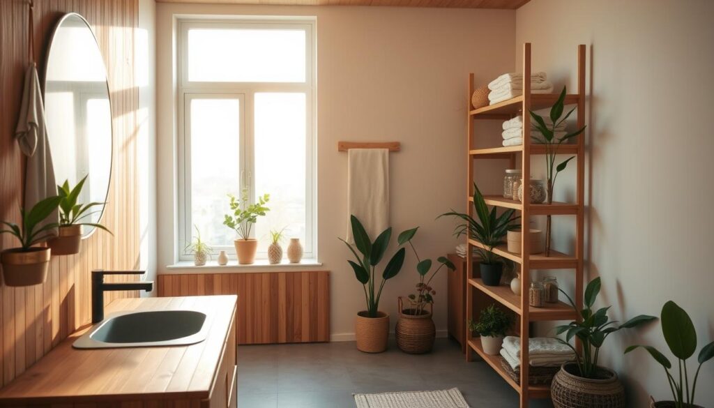 A minimalist, eco-friendly bathroom with natural wood accents, potted plants, and a focus on sustainable materials. In the foreground, a bamboo vanity with a stone countertop and a wall-mounted faucet. In the middle ground, a large window floods the space with soft, natural lighting, casting warm shadows. In the background, a shelving unit displays organic textiles, recycled glass jars, and other zero-waste decor. The overall atmosphere is calming and serene, with a touch of modern Scandinavian design.