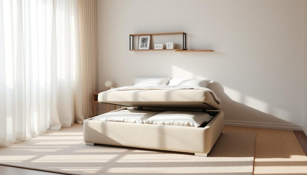 A minimalist guest bedroom with a multifunctional storage ottoman serving as a coffee table, footrest, and concealed bedding compartment. The room is bathed in soft, natural light filtering through sheer curtains, creating a serene and calming atmosphere. A sleek, wall-mounted shelving unit holds decorative accents and provides additional storage space. The overall aesthetic is clean, uncluttered, and designed to maximize the limited square footage, making the most of every inch. A minimalist guest bedroom with a multifunctional storage ottoman serving as a coffee table, footrest, and concealed bedding compartment. The room is bathed in soft, natural light filtering through sheer curtains, creating a serene and calming atmosphere. A sleek, wall-mounted shelving unit holds decorative accents and provides additional storage space. The overall aesthetic is clean, uncluttered, and designed to maximize the limited square footage, making the most of every inch.