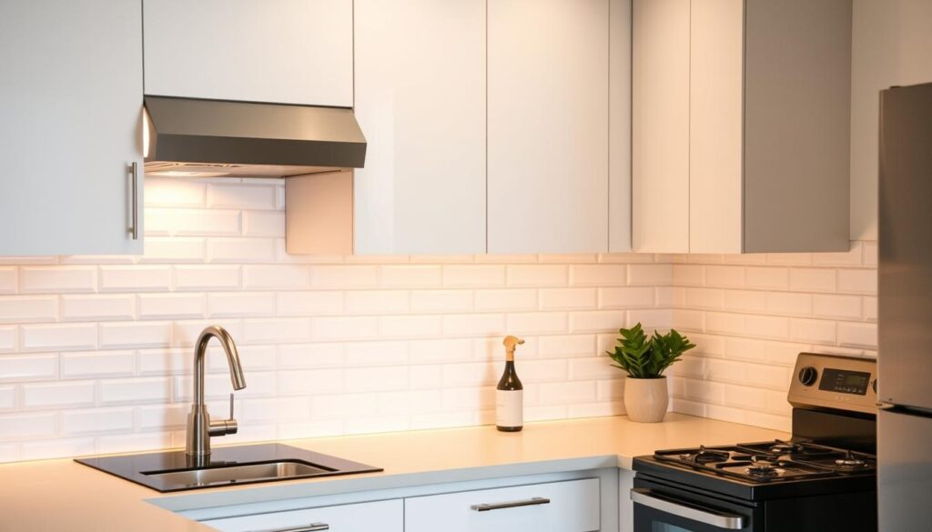 A modern and stylish small kitchen backsplash with a sleek, minimalist design. Crisp white subway tiles arranged in a clean, geometric pattern, creating a timeless and elegant backdrop. Warm, soft lighting gently illuminates the surface, casting a cozy glow and highlighting the subtle texture of the tiles. The backsplash seamlessly blends with the surrounding cabinetry, countertops, and appliances, creating a cohesive and visually appealing kitchen space. The overall atmosphere is one of sophistication and understated sophistication, perfectly complementing the compact L-shaped layout.