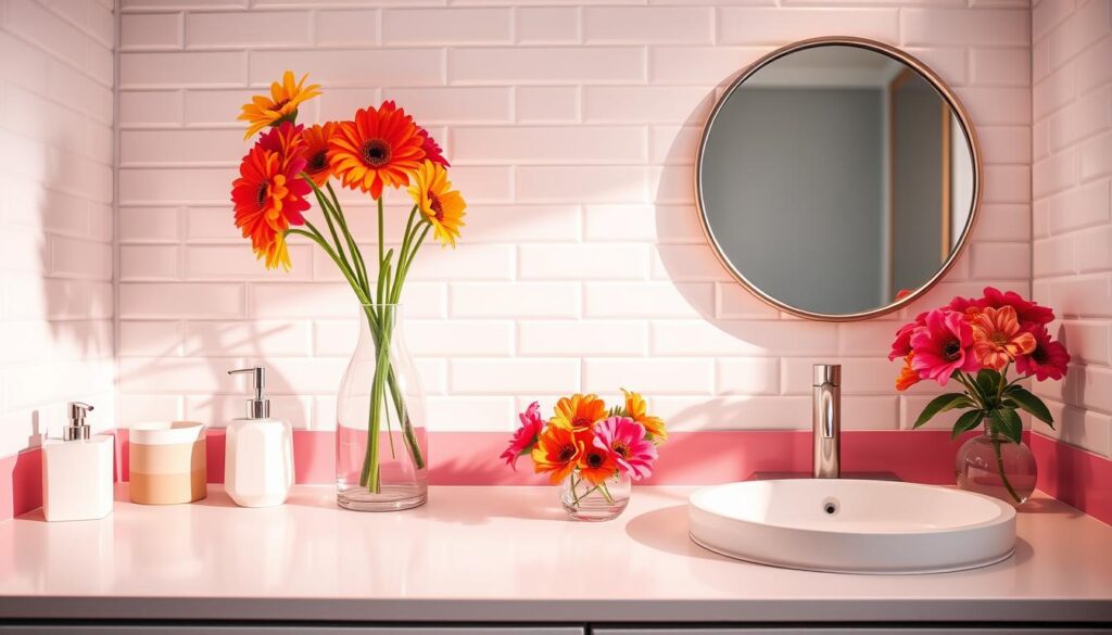 A modern bathroom counter with a bold, vibrant color palette. In the foreground, a collection of sleek, minimalist accessories such as a geometric soap dispenser, a ceramic toothbrush holder, and a round mirror with a metallic frame. In the middle ground, a striking vase filled with vibrant flowers, complementing the bold hues. The background features a clean, white subway tile wall, accentuating the contemporary and stylish atmosphere. Soft, directional lighting casts a warm, inviting glow, highlighting the carefully curated elements on the counter. The overall composition exudes a sense of sophisticated, yet playful, bathroom style.