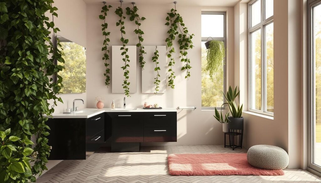 A modern bathroom design with lush greenery, featuring a sleek, minimalist vanity in black and pink accents. The space is bathed in warm, natural light filtering through large windows, casting a serene, spa-like ambiance. Trailing vines cascade over the vanity, complementing the polished chrome fixtures. The tiled floor in a herringbone pattern adds visual interest, while a plush pink rug anchors the space. The overall composition strikes a harmonious balance between clean lines, organic textures, and a refreshing color palette.