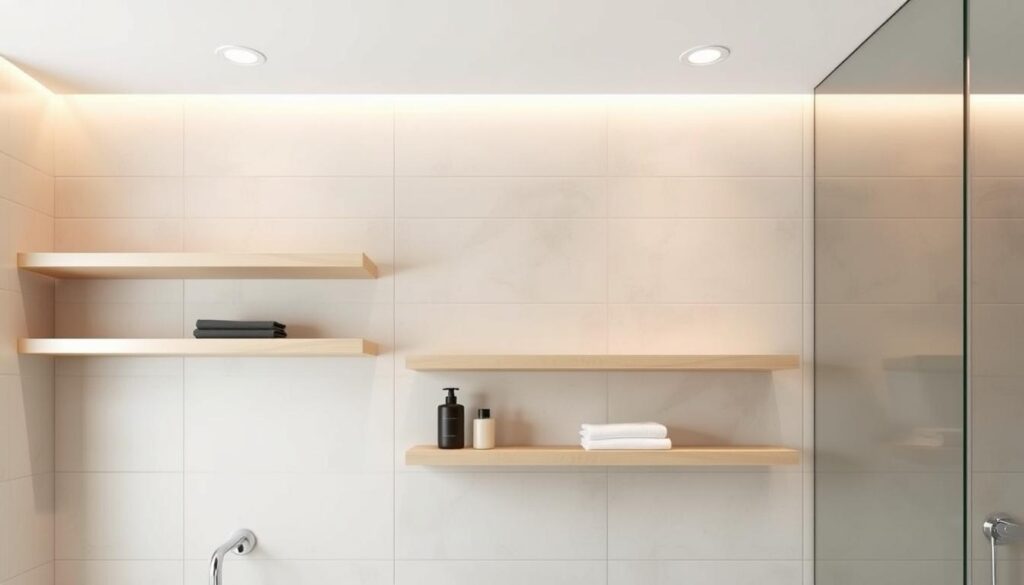 A modern bathroom with sleek, floating shelves mounted against a neutral, minimalist tile wall. The shelves are made of light-colored wood or natural stone, offering a clean, contemporary look. Soft, diffused lighting from recessed ceiling fixtures casts a warm glow, highlighting the textural details of the shelves and the items displayed on them. The overall scene conveys a sense of calm, understated elegance, perfectly suiting the "Floating Shelves: A Modern Touch" theme.