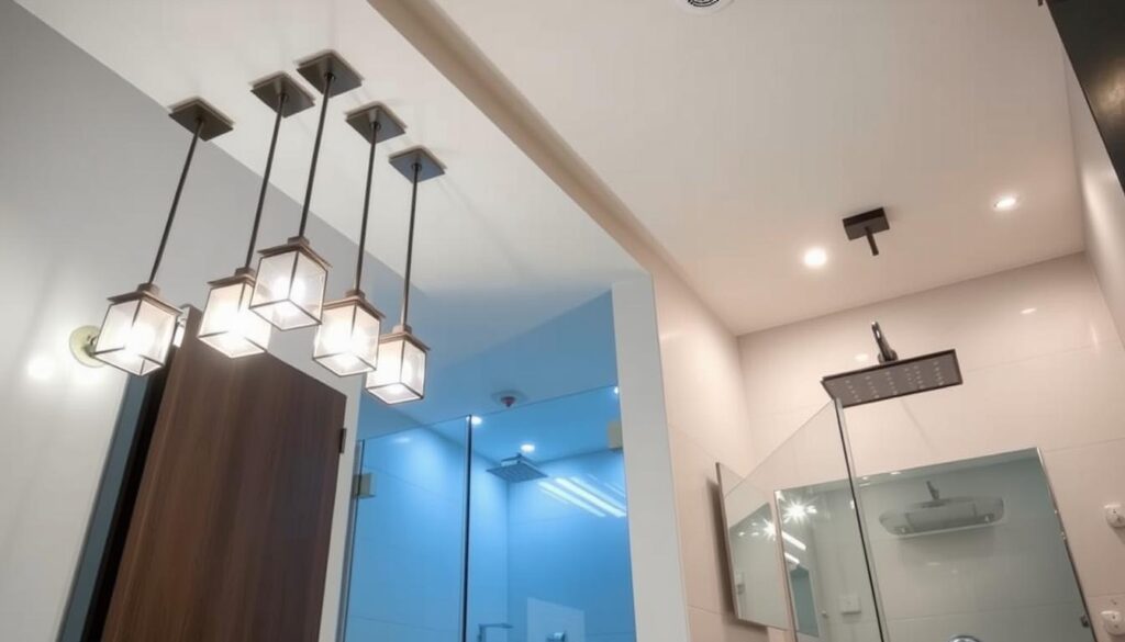 A modern bathroom with sleek, minimalist lighting fixtures. The vanity area features a row of modern pendant lights with a soft, warm glow, casting a cozy ambiance. The shower area has recessed ceiling lights with a cool, crisp illumination, creating a spa-like atmosphere. The lighting is balanced, with both task and ambient lighting elements working in harmony. The fixtures have a contemporary, geometric design in brushed nickel or matte black finishes, complementing the overall bathroom decor. The lighting is the focal point, beautifully accentuating the clean lines and modern aesthetic of the space.