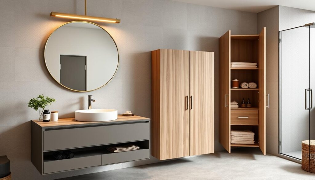 A modern bathroom with sleek, minimalist storage solutions. In the foreground, a floating vanity with integrated drawers and shelves in a muted gray finish. Atop the vanity, a large circular mirror framed in polished brass. Suspended above, a linear LED light fixture casts a warm, natural glow. In the middle ground, a freestanding cabinet in white oak, its doors revealing hidden compartments for towels and toiletries. The background showcases a tiled wall in a herringbone pattern, complemented by a frameless glass shower enclosure. The overall atmosphere is one of clean, contemporary design with an emphasis on functional, space-saving storage.