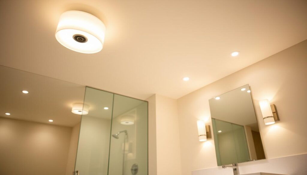 A modern bathroom with sleek, recessed lighting that casts a warm, ambient glow. The main light fixtures are minimal, cylindrical, and flush-mounted in the ceiling, creating a clean, contemporary aesthetic. Complementing these are wall-mounted sconces with frosted glass shades, providing soft, diffused illumination along the vanity. The overall lighting design balances function and style, accentuating the room's clean lines and high-end finishes, such as a large frameless mirror and a floating vanity with a thick, white quartz countertop. The lighting creates a serene, spa-like atmosphere perfect for a luxurious, modern bathroom.
