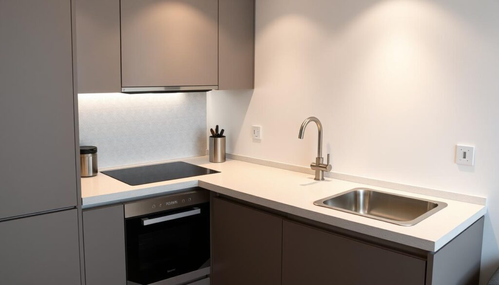 A modern, compact kitchen countertop featuring clean lines, minimal styling, and innovative storage solutions. The countertop is made of a sleek, durable material such as quartz or granite, with a subtle, matte finish that seamlessly blends into the surrounding cabinetry. Integrated appliances, such as a compact induction cooktop and a flush-mounted sink, maximize the usable surface area. Recessed lighting casts a warm, even glow, highlighting the streamlined design. The countertop is flanked by neatly organized shelves or cabinets, providing ample storage for everyday essentials. The overall atmosphere is one of efficiency, functionality, and a refined, contemporary aesthetic, perfectly suited for a small, L-shaped kitchen layout.