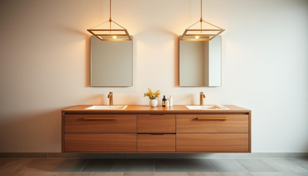 A modern double sink vanity bathed in warm, ambient lighting. The vanity is made of sleek, polished wood, complemented by clean, minimalist lines. Overhead, a pair of angular, brushed brass pendant lights cast a soft, inviting glow, creating an elegant and tranquil atmosphere. The mirrors above the sinks reflect the light, amplifying the brightness and creating an illusion of depth. The tiled floor, in a complementary neutral shade, completes the sophisticated, spa-like setting. The overall composition exudes a sense of calm and luxury, perfect for enhancing one's morning and evening routines.