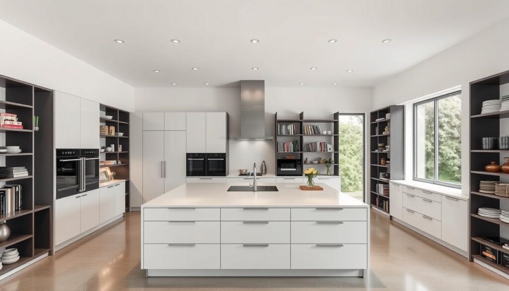 A modern, minimalist kitchen with clean lines and sleek storage solutions. A large center island with built-in cabinets and drawers dominates the foreground, creating ample space for food preparation and concealed storage. Recessed lighting above the island casts a warm, even glow, while large windows in the background allow natural light to flood the space. Modular shelving units line the walls, offering flexible and stylish storage for cookbooks, jars, and other kitchen essentials. The overall atmosphere is one of efficiency, organization, and contemporary design.