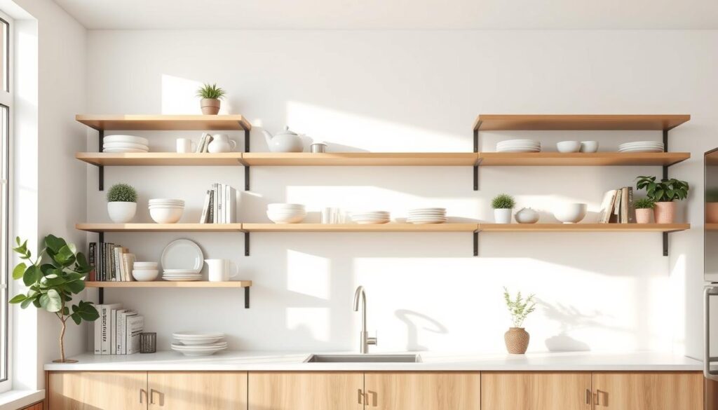 A modern, minimalist kitchen with sleek open shelving units showcasing an array of tasteful ceramic dishes, cookbooks, and potted plants. The shelves are made of light-colored wood and mounted against a crisp white wall, creating a bright, airy atmosphere. Soft, diffused natural light filters in through large windows, casting gentle shadows and highlights across the shelves. The camera angle captures the shelving at a slight eye-level perspective, highlighting its functional yet stylish design. The overall mood is one of clean, simple elegance that complements the small kitchen's contemporary aesthetic.