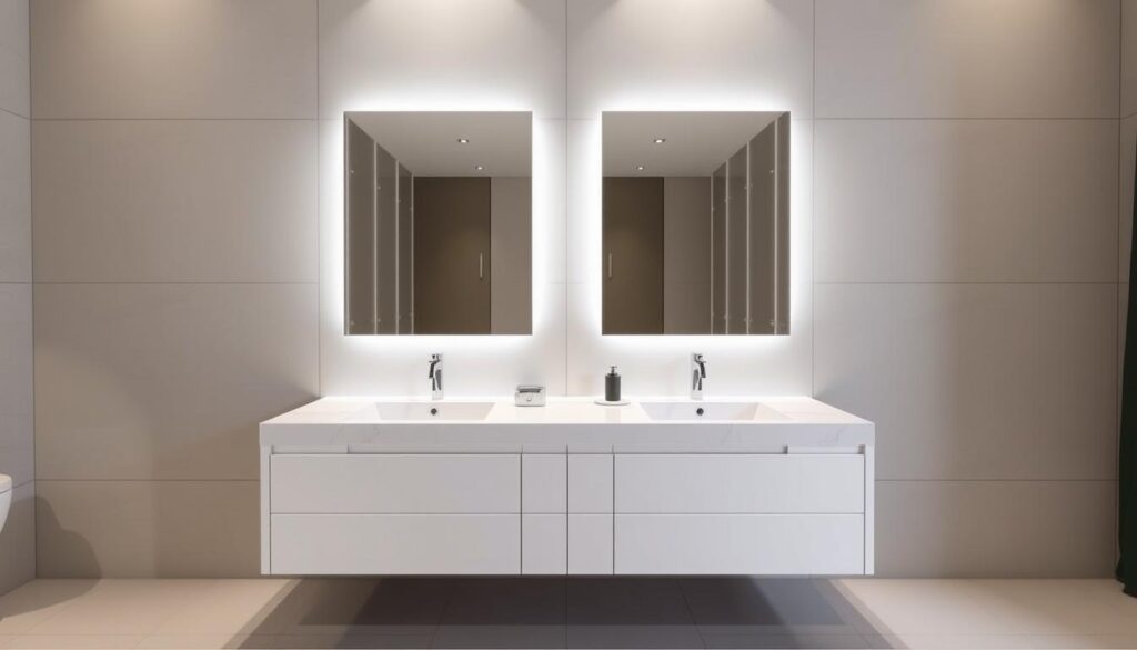 A modern, sleek bathroom vanity with a double sink design. The vanity features a minimalist, rectangular shape with clean lines and a smooth, glossy surface made of high-quality materials like quartz or marble. Subtle, recessed lighting illuminates the design, creating a warm, inviting ambiance. The vanity is flanked by large, frameless mirrors that enhance the sense of space and elegance. Subtle hardware, such as thin, metal pulls or handles, completes the contemporary, sophisticated look. The vanity is set against a backdrop of neutral, monochromatic wall tiles or paneling, allowing the vanity to take center stage as the focal point of the modern, elegantly designed bathroom.