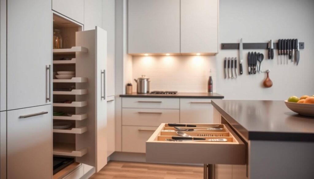 A modern, well-organized kitchen with sleek, minimalist cabinetry and an abundance of creative storage solutions. The foreground showcases a pull-out pantry system with labeled shelves, seamlessly integrated into the cabinetry. In the middle ground, a customized utensil drawer features a divided layout and specialized compartments. The background highlights a magnetic strip mounted on the wall, holding a neatly arranged collection of knives and cooking tools. Soft, warm lighting casts a cozy glow, while the overall design exudes a sense of efficiency and practicality.