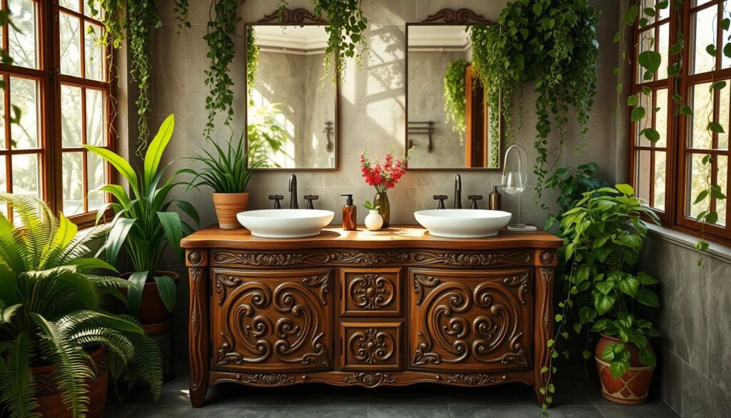 A nature-inspired double sink bathroom vanity decor, with a wooden top and intricate carved designs. The vanity is surrounded by lush greenery, including potted plants, ferns, and trailing vines that cascade down the sides. Soft, natural lighting filters through large windows, casting a warm, earthy glow on the scene. The overall atmosphere is one of serenity and harmony, as if the bathroom is an extension of the outdoor environment. The angles and perspective create a sense of depth and balance, drawing the viewer's eye to the beautiful, organic details of the vanity and its natural surroundings.