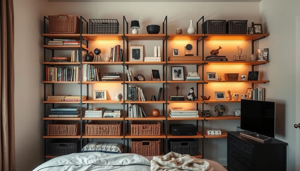 A neatly organized and visually appealing vertical storage system occupies a small bedroom's wall space. Shelves of varying depths and heights hold an assortment of neatly arranged items - books, baskets, decorative objects, and personal knick-knacks. The layout is deliberate, with a balanced and symmetrical design. Warm, directional lighting from hidden sources casts a cozy glow, casting shadows that add depth and dimensionality. The overall scene conveys a sense of efficient, clutter-free organization, complementing the bedroom's modest dimensions.