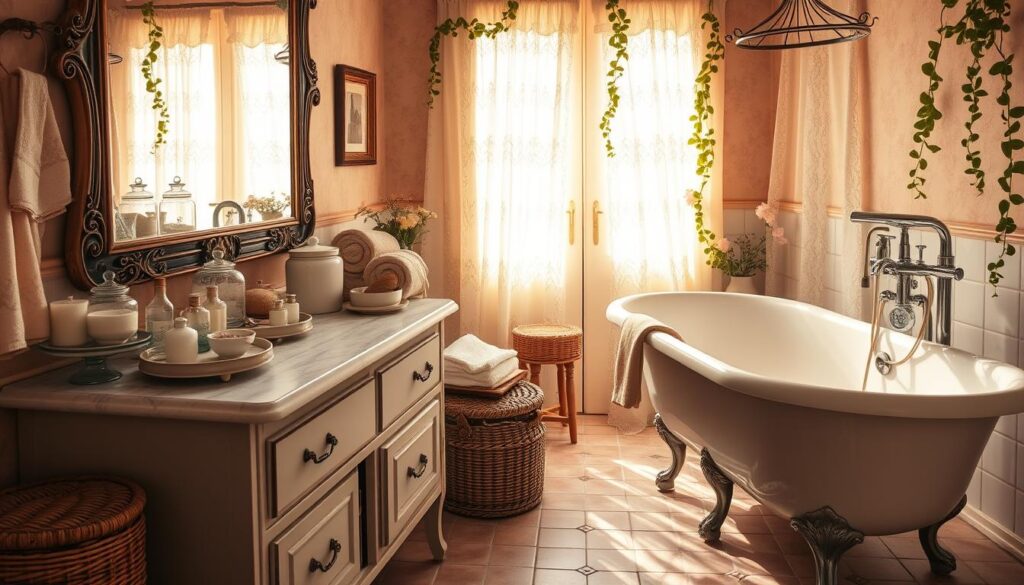 A rustic French country bathroom, bathed in warm golden light filtering through lace curtains. On the vanity, an ornate mirror frames antique glass jars filled with fragrant soaps, brushes, and porcelain trays holding delicate perfume bottles. A wrought-iron towel rack displays soft, fluffy towels in muted pastels. Woven baskets and a wooden stool add natural, textural elements. Trailing vines and flowers in ceramic pots lend a sense of lush, romantic charm. The tile floor has a worn, time-worn patina, while the claw-foot tub commands the space, its gleaming chrome fixtures catching the light. An overall mood of refined, timeless elegance pervades the scene.