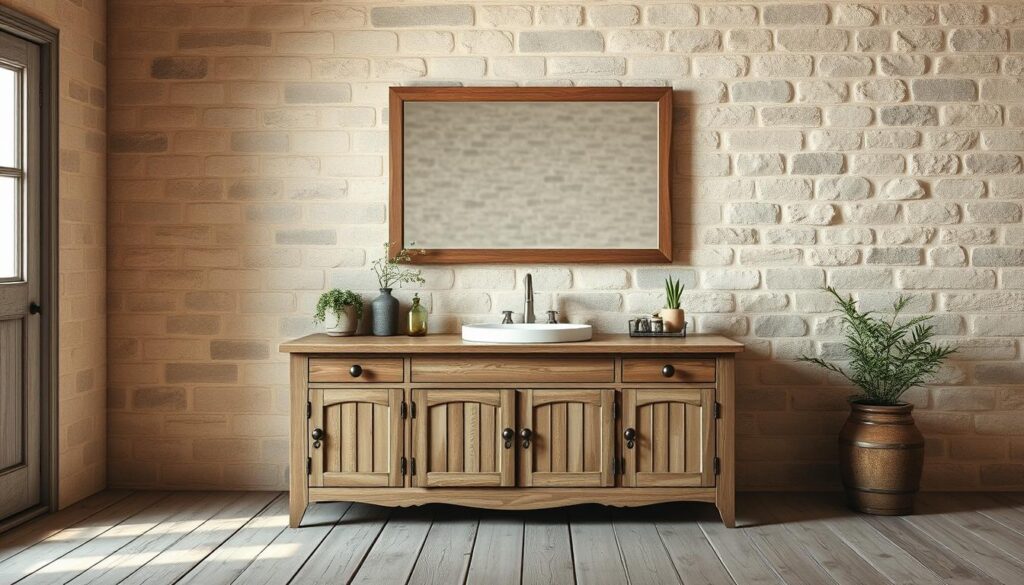 A rustic bathroom design with a weathered wooden vanity, vintage-inspired fixtures, and a textured stone wall as the focal point. Soft, warm lighting illuminates the space, casting a cozy glow. The countertop is adorned with simple, natural decor like potted plants and a few decorative glass bottles. The floor is laid with distressed wood planks, adding to the overall rustic charm. A large, framed mirror hangs above the vanity, reflecting the textured stone wall and creating a sense of depth. The room exudes a tranquil, farmhouse-inspired ambiance, perfect for a relaxing retreat.