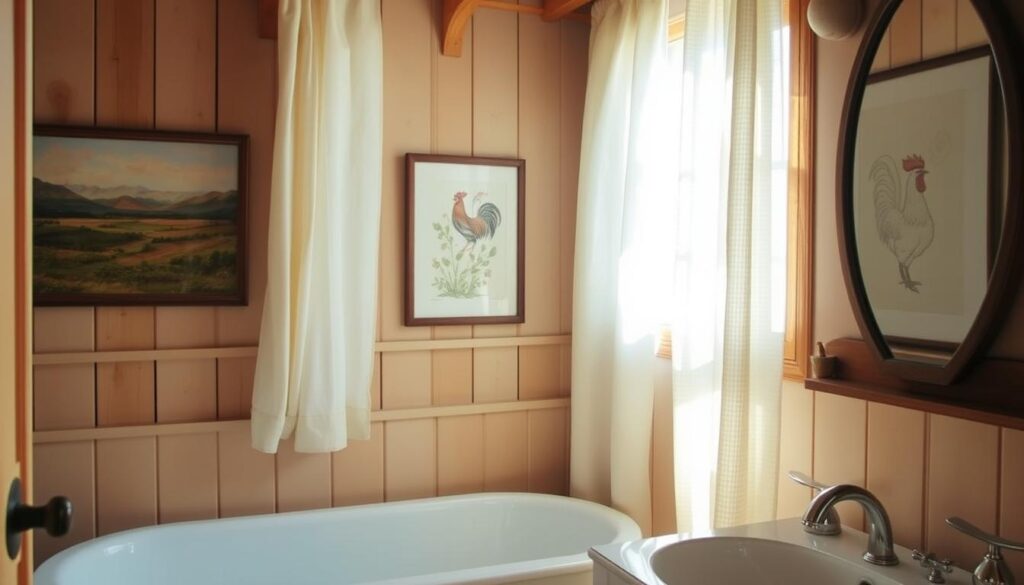 A rustic farmhouse-style bathroom, bathed in warm, natural light filtering through sheer curtains. The walls are adorned with a collection of charming art pieces - a vintage landscape painting, a botanical print, and a whimsical line drawing of a rooster. The artwork is carefully curated, creating a harmonious and inviting atmosphere. The overall ambiance is cozy, inviting, and reflective of the serene, countryside setting.