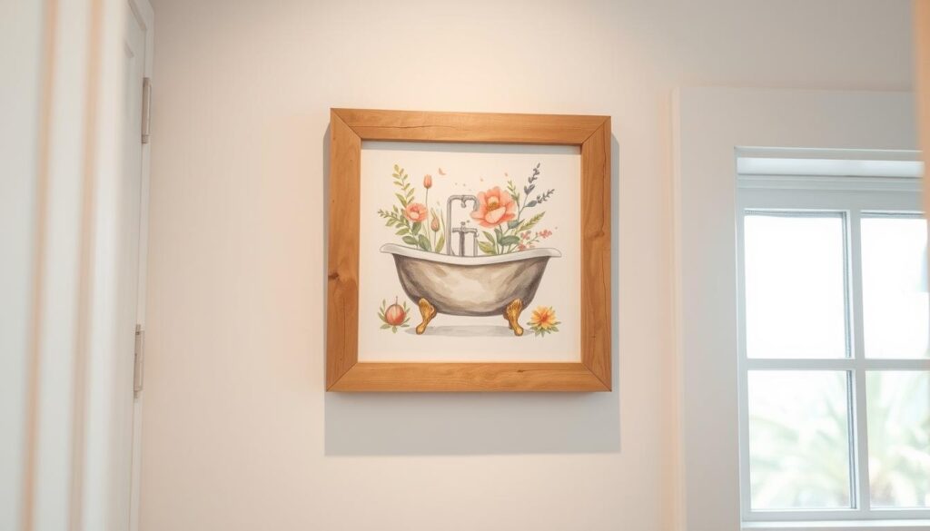 A rustic, handmade bathroom art piece hanging on a white wall, featuring a whimsical watercolor painting of a vintage bathtub surrounded by flourishing botanicals. The artwork is framed in a simple, natural-toned wooden frame that complements the earthy color palette. Soft, diffused lighting from a nearby window casts a warm glow, highlighting the textural details of the paint strokes and the organic imperfections of the handmade frame. The composition is balanced and centered, creating a focal point that adds a personalized, homey touch to the small bathroom space.