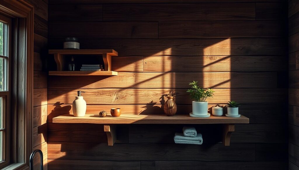 A rustic wooden shelving unit, its weathered planks and knotted grain creating a warm, cozy ambiance. The shelves are arranged in a simple, asymmetrical pattern, casting gentle shadows on the wall behind. Soft, natural lighting filters in through a nearby window, illuminating the wood's rich tones and textures. The shelves are adorned with a few carefully selected decorative items, such as potted plants and vintage-inspired accents, adding to the inviting, homely atmosphere. The overall composition evokes a sense of tranquility and relaxation, perfectly suited for a cozy bathroom setting.