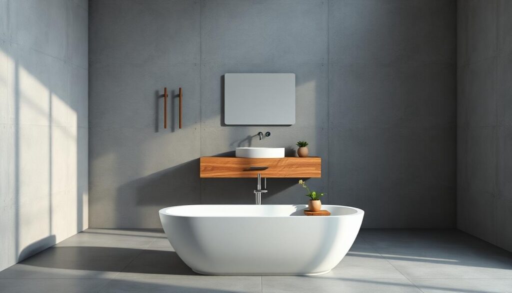 A serene, minimalist bathroom scene with a large grey concrete wall as the backdrop, illuminated by soft, diffused natural lighting. In the foreground, a sleek, freestanding bathtub with clean lines sits atop a simple grey tile floor. Minimalist chrome fixtures and a small potted plant on the edge of the tub add subtle accents. The middle ground features a floating wooden vanity with a rectangular mirror above, reflecting the tranquil atmosphere. The overall mood is one of understated elegance and calming simplicity.
