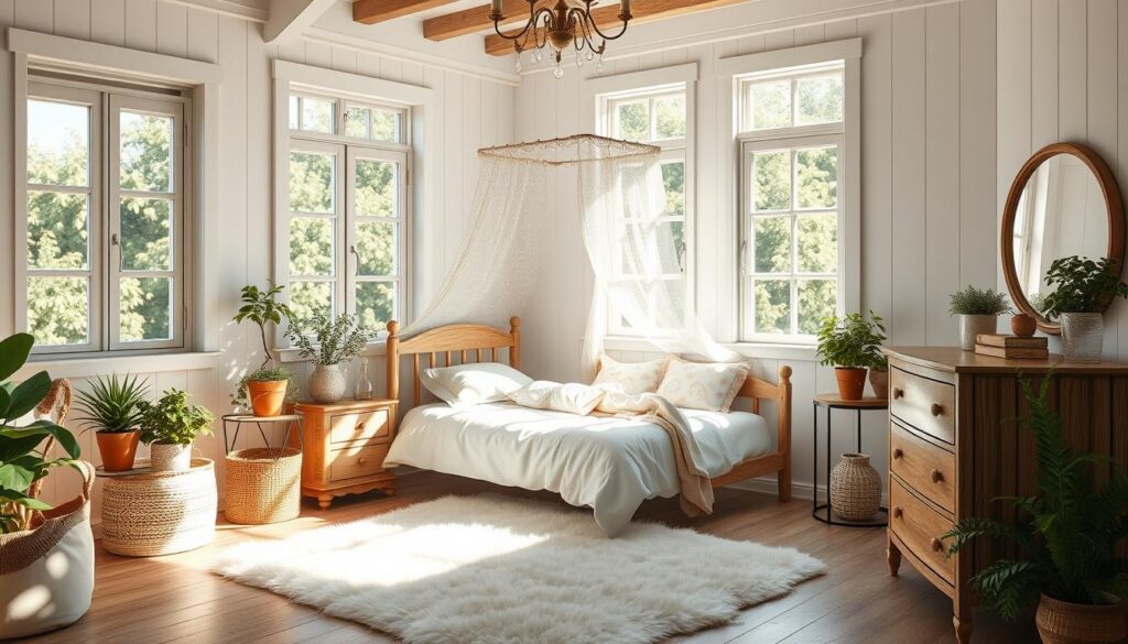 A serene, sun-dappled girl's bedroom with natural light streaming in through large windows. Airy, white-washed walls provide a soothing backdrop, complemented by a cozy twin bed adorned with soft, pastel bedding. A delicate lace canopy lends a whimsical touch, while a charming wooden nightstand and dresser add rustic warmth. Lush, potted plants and a fluffy white rug imbue the space with a fresh, organic ambiance. Gentle shadows play across the scene, creating a captivating interplay of light and shadow that elevates the tranquil, inviting atmosphere.