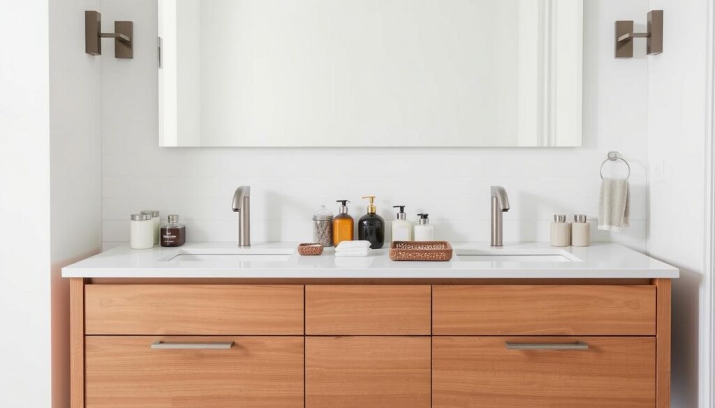 A sleek and modern dual sink vanity with ample storage space and organizational solutions. The vanity is made of a warm wood tone, complemented by clean lines and minimalist hardware. On the countertop, a variety of neatly arranged jars, trays, and baskets hold everyday items like cotton pads, Q-tips, and hand soap. The backsplash is a simple white subway tile, allowing the vanity to take center stage. Soft, directional lighting from sconces on either side of the mirrors creates a spa-like ambiance, while a large, frameless mirror above the sinks reflects the well-organized and stylish setup.