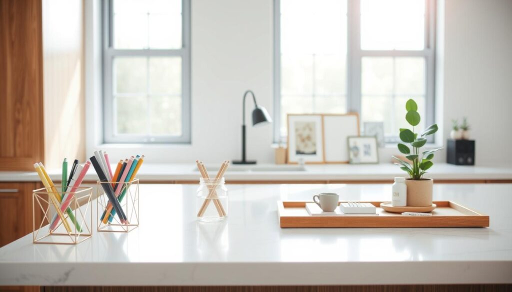 A sleek and modern kitchen counter with a minimalist, well-organized layout. In the foreground, various chic organizational accessories like a geometric metal desk organizer, a glass jar with colorful office supplies, and a wooden tray holding a potted plant and some small decor pieces. The middle ground features a crisp white marble countertop, with a few tasteful decorative elements like a modern lamp and a framed artwork. The background showcases a clean, white subway tile backsplash, complemented by warm wood cabinetry. The scene is illuminated by soft, natural lighting streaming in from large windows, creating a bright and airy atmosphere.