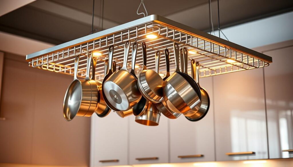 A sleek and modern kitchen pot rack suspended from the ceiling, its metallic frame gleaming under warm, ambient lighting. An arrangement of various pots, pans, and cooking utensils hang neatly, their polished surfaces reflecting the soft glow. The rack is positioned above a clean, minimalist kitchen countertop, with subtle gray or white cabinetry in the background, creating a cohesive, functional, and visually pleasing workspace. The overall scene conveys a sense of organized efficiency and elevated culinary experience, perfectly complementing the "Enhance Kitchen Functionality" section of the "20 small kitchen ideas on a budget" article.