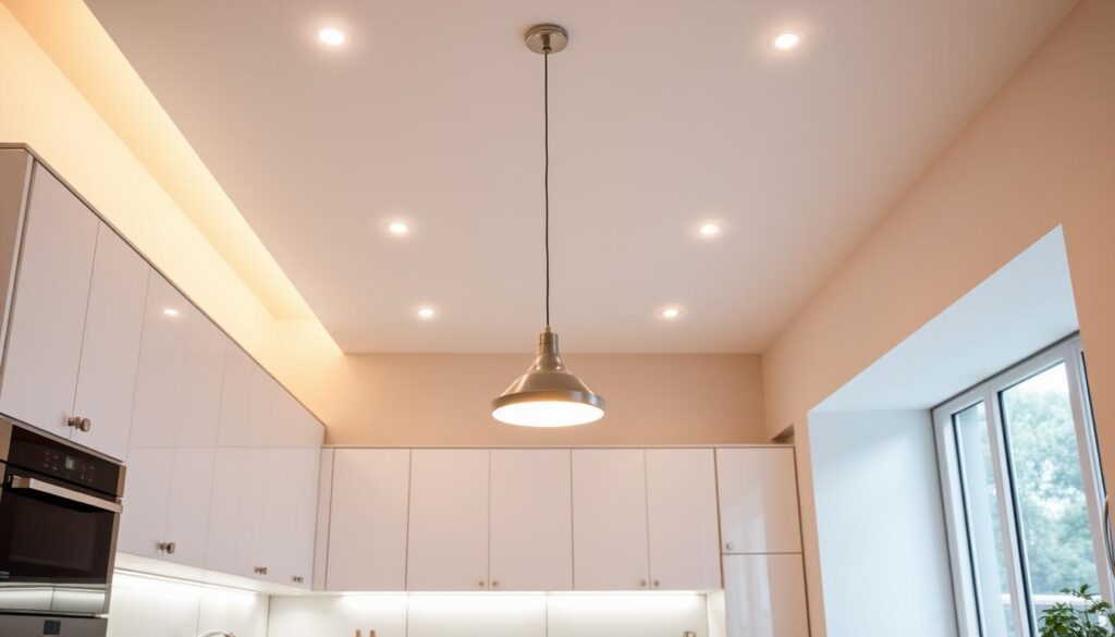 A sleek and modern smart kitchen with strategically placed LED lighting fixtures, creating a warm, inviting ambiance. Subtle undercabinet lighting illuminates the countertops, while recessed ceiling lights provide a soft, even glow throughout the space. Minimalist pendant lights hang elegantly above a central island, casting a gentle spotlight on the kitchen's focal point. The lighting is seamlessly integrated into the design, enhancing the functionality and aesthetics of the room. A touch of smart technology allows for precise control and customization of the lighting, creating the perfect mood for any occasion.