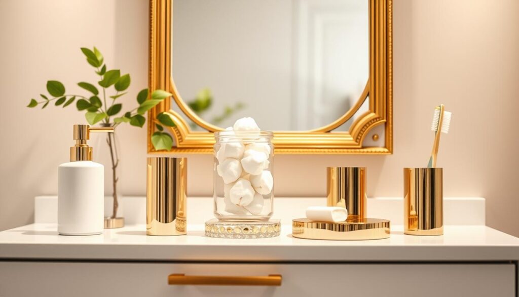 A sleek and stylish collection of gold-toned bathroom accessories arranged in an elegant and minimalist display. In the foreground, a modern soap dispenser, a delicate glass jar filled with cotton balls, and a chic toothbrush holder sit atop a pristine white vanity. In the middle ground, a luxurious gold-framed mirror reflects the soft, warm lighting from above, creating a sophisticated ambiance. The background features subtle pops of greenery, adding a touch of natural elegance to the scene. The overall composition exudes a sense of refined, high-end design, perfectly capturing the essence of "Accessorizing with Style".