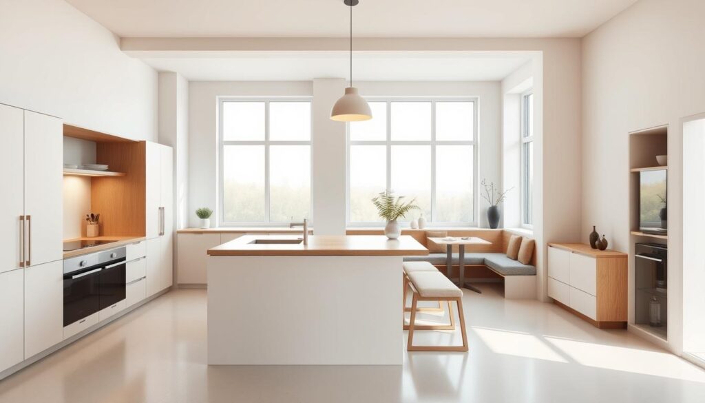 A sleek, minimalist kitchen with compact, multi-functional furniture pieces that create an open, airy feel. A modern, L-shaped kitchen island with a smooth, wooden countertop serves as the focal point, surrounded by streamlined cabinetry in a light, neutral palette. Suspended above, a minimalist pendant light casts a warm, ambient glow, complementing the natural light filtering in through large, picture windows. In the dining area, a compact, extendable table and matching benches nestle seamlessly into the space, maximizing functionality without overcrowding the room. The overall scene exudes a sense of spaciousness and a harmonious, contemporary aesthetic. A sleek, minimalist kitchen with compact, multi-functional furniture pieces that create an open, airy feel. A modern, L-shaped kitchen island with a smooth, wooden countertop serves as the focal point, surrounded by streamlined cabinetry in a light, neutral palette. Suspended above, a minimalist pendant light casts a warm, ambient glow, complementing the natural light filtering in through large, picture windows. In the dining area, a compact, extendable table and matching benches nestle seamlessly into the space, maximizing functionality without overcrowding the room. The overall scene exudes a sense of spaciousness and a harmonious, contemporary aesthetic.